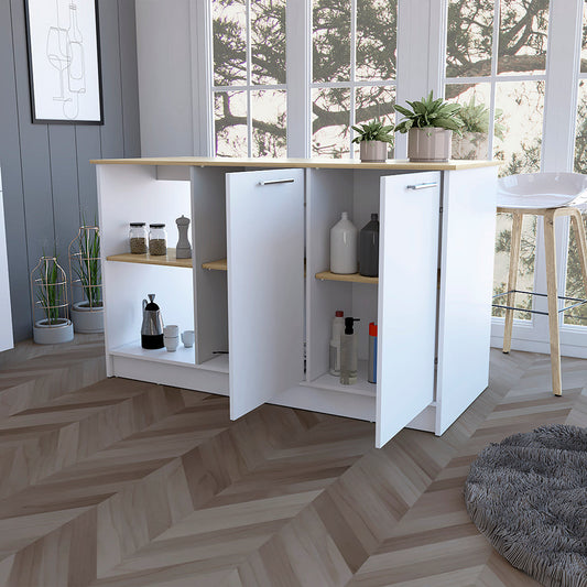 White and Oak 59" Kitchen Island With Storage