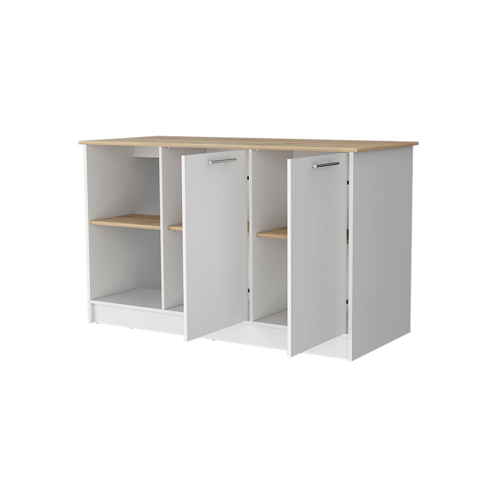 White and Oak 59" Kitchen Island With Storage