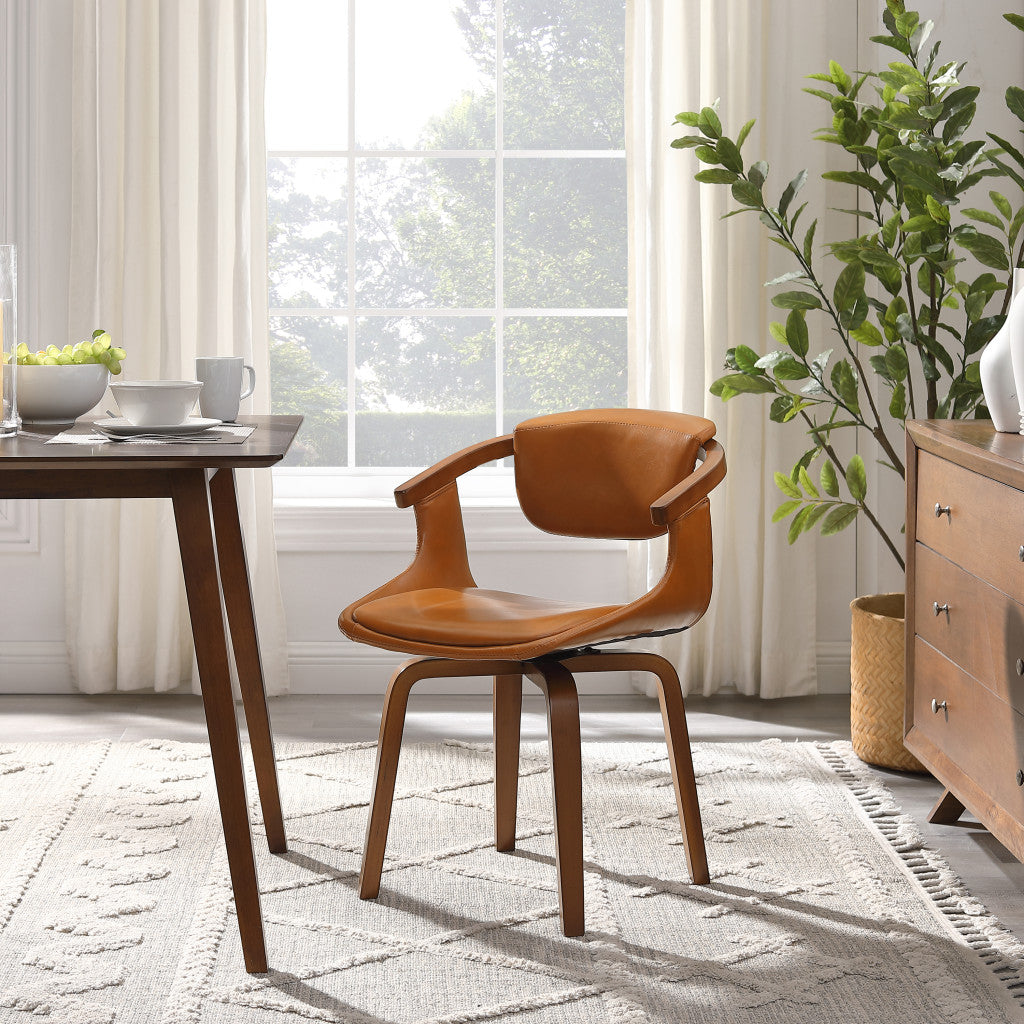 Brown And Natural Upholstered Faux Leather Dining Arm Chair