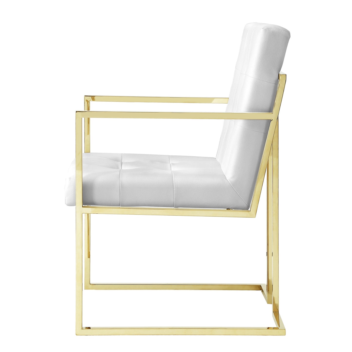 Set of Two Tufted White and Gold Upholstered Faux Leather Dining Arm Chairs