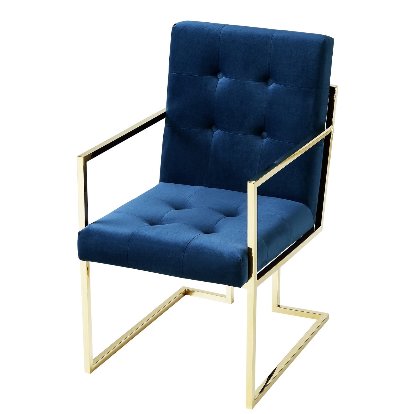 Set of Two Tufted Navy Blue and Gold Upholstered Velvet Dining Arm Chairs