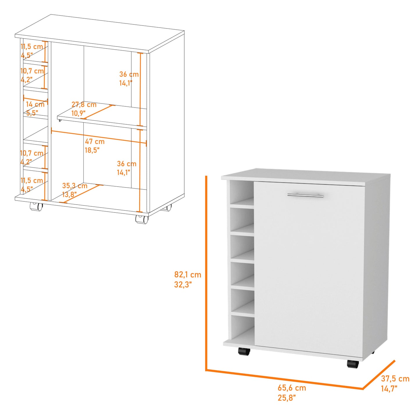 White Rolling Bar Cart With Wine Storage