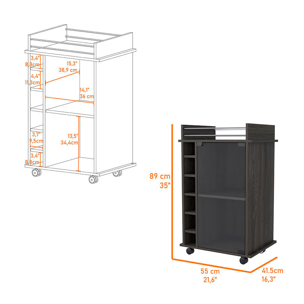 Espresso Rolling Bar Cart With Wine Storage