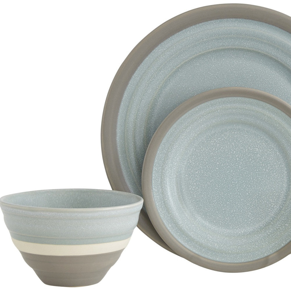 Blue and Gray Sixteen Piece Round Tone on Tone Ceramic Service For Four Dinnerware Set