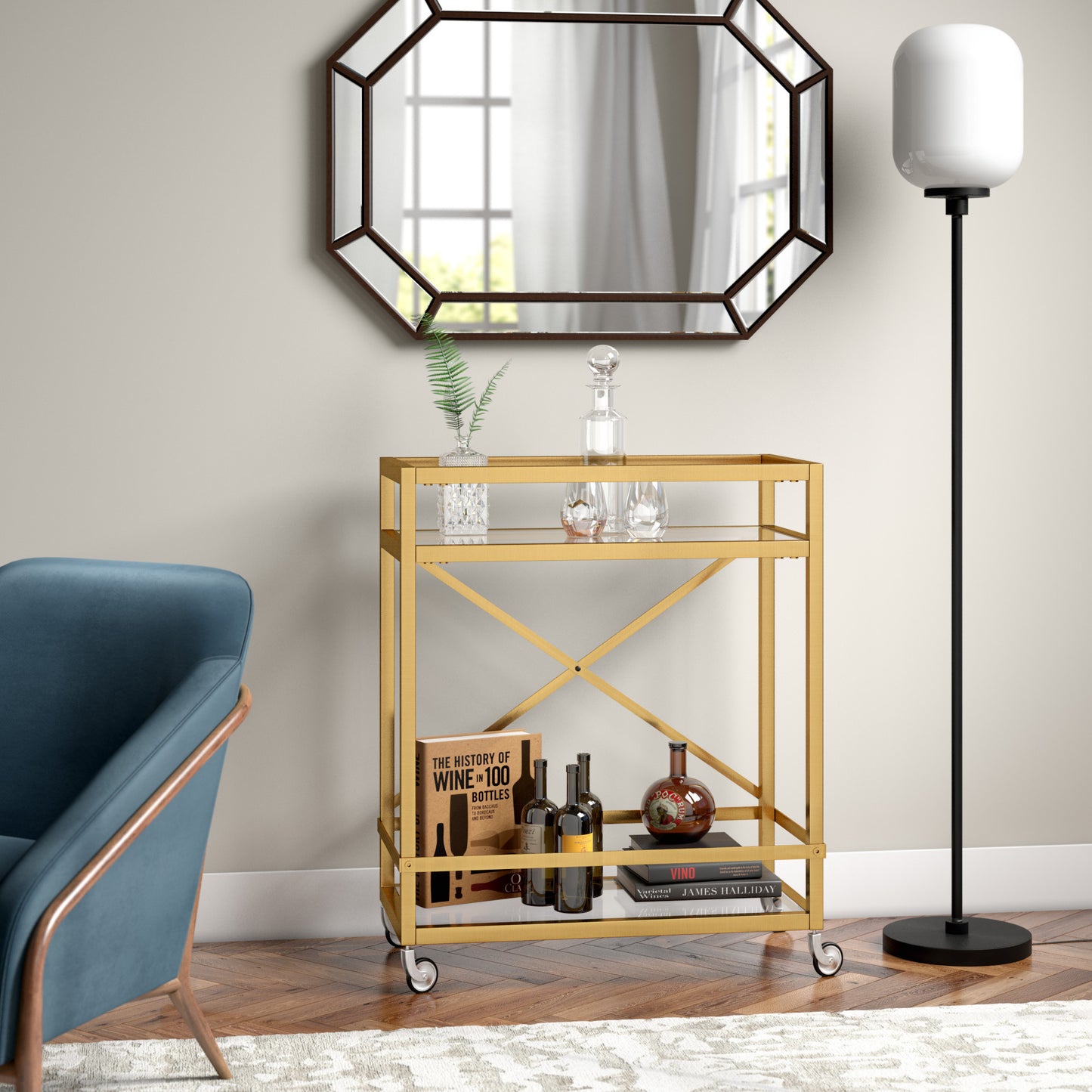 Brass Steel And Glass Rolling Bar Cart