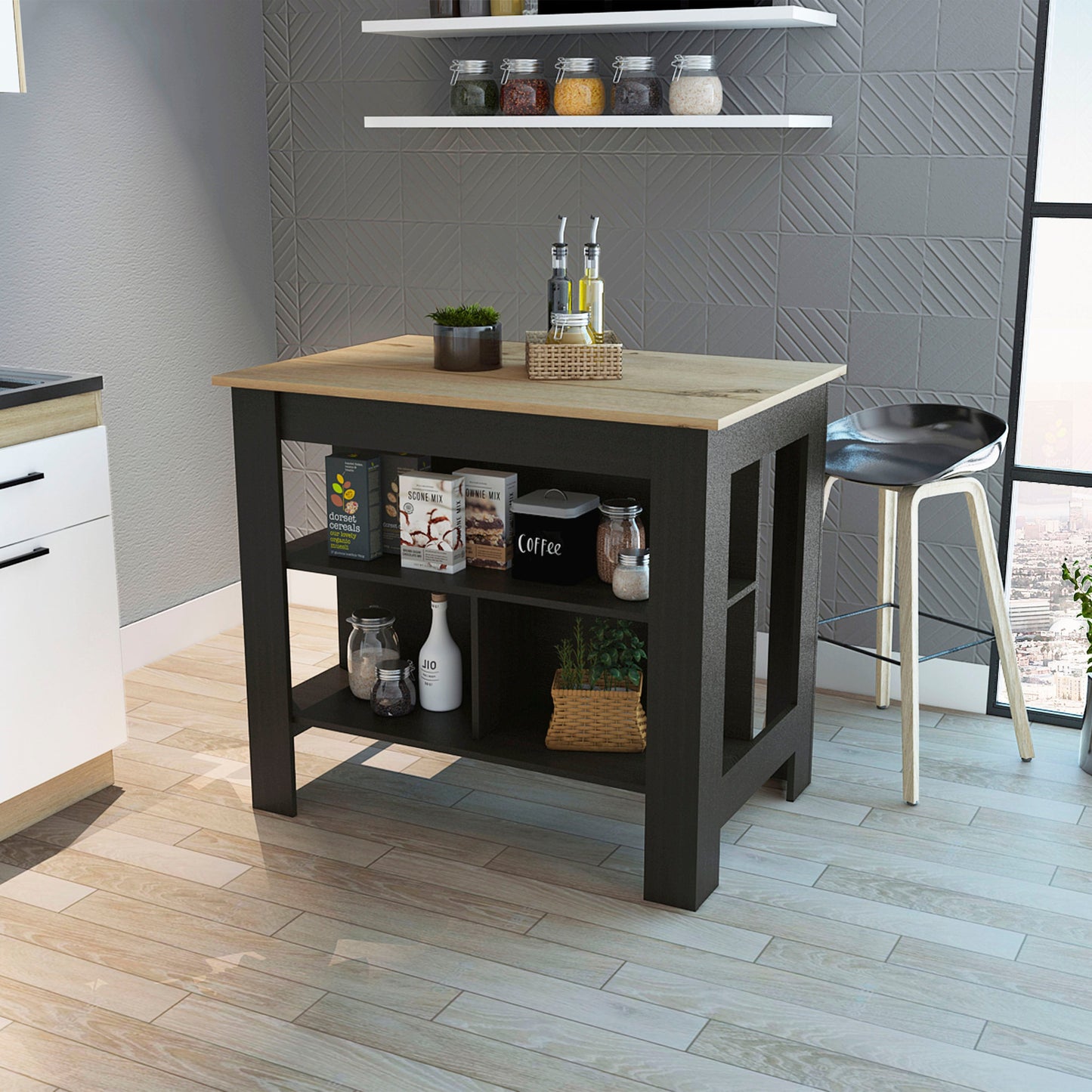 Black and Oak 41" Kitchen Island With Storage