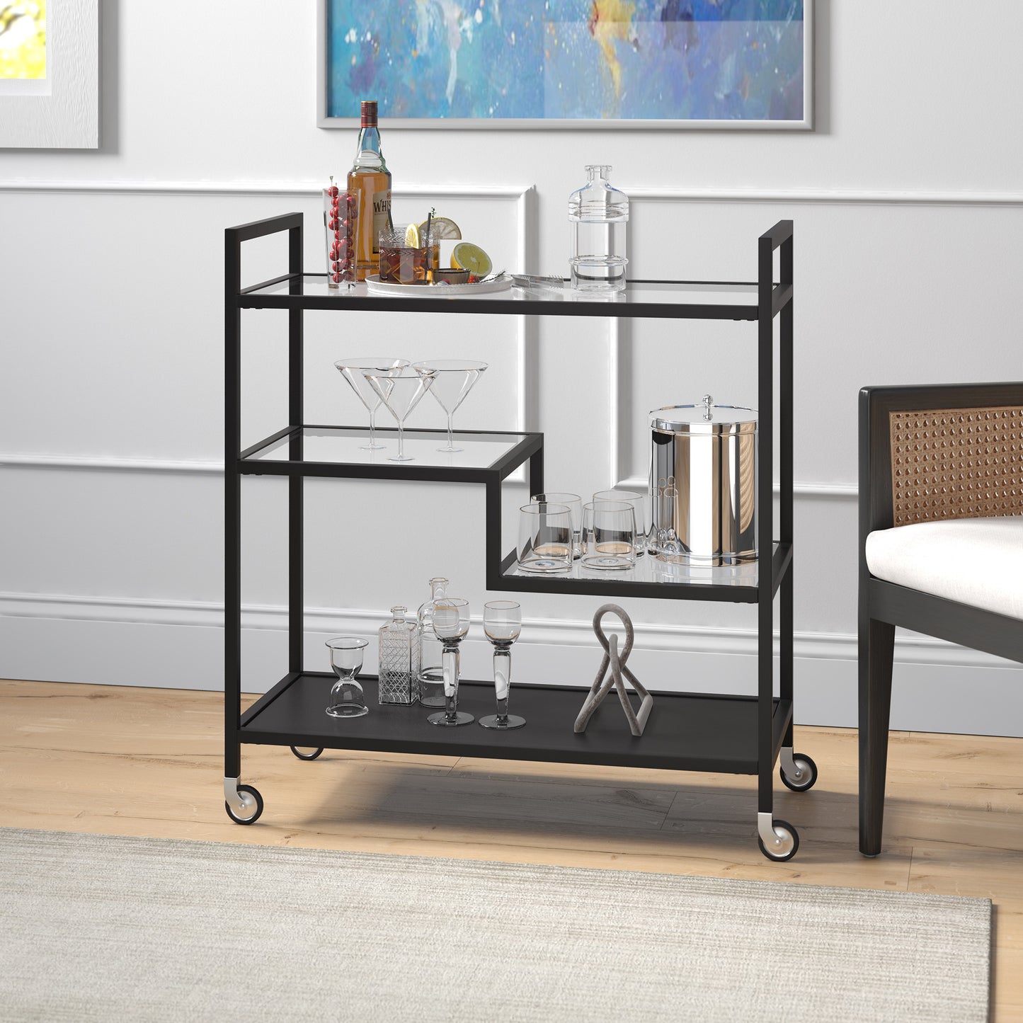 Black Steel And Glass Rolling Bar Cart