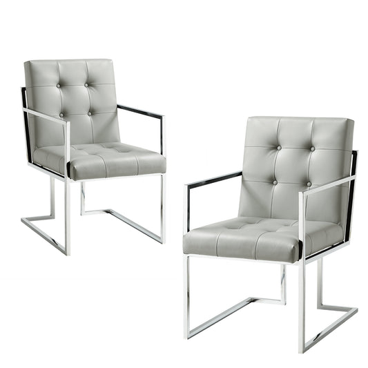 Set of Two Tufted Light Gray and Silver Metallic Upholstered Faux Leather Dining Arm Chairs