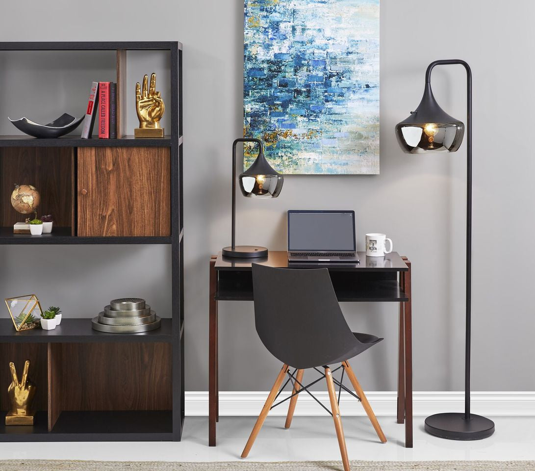 64" Black Task Floor Lamp With Black Bowl Shade