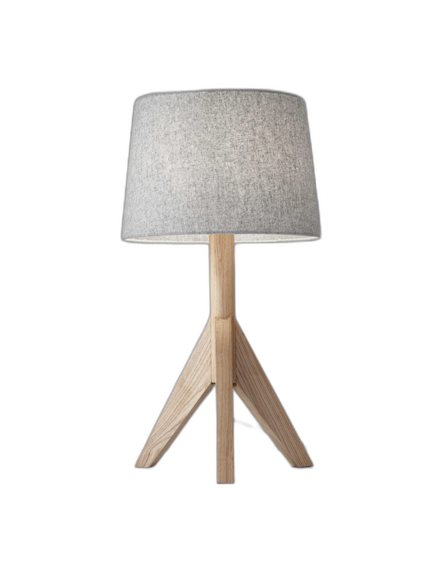 Natural Wood Tripod Base With Grey Felt Tapered Drum Shade Table Lamp