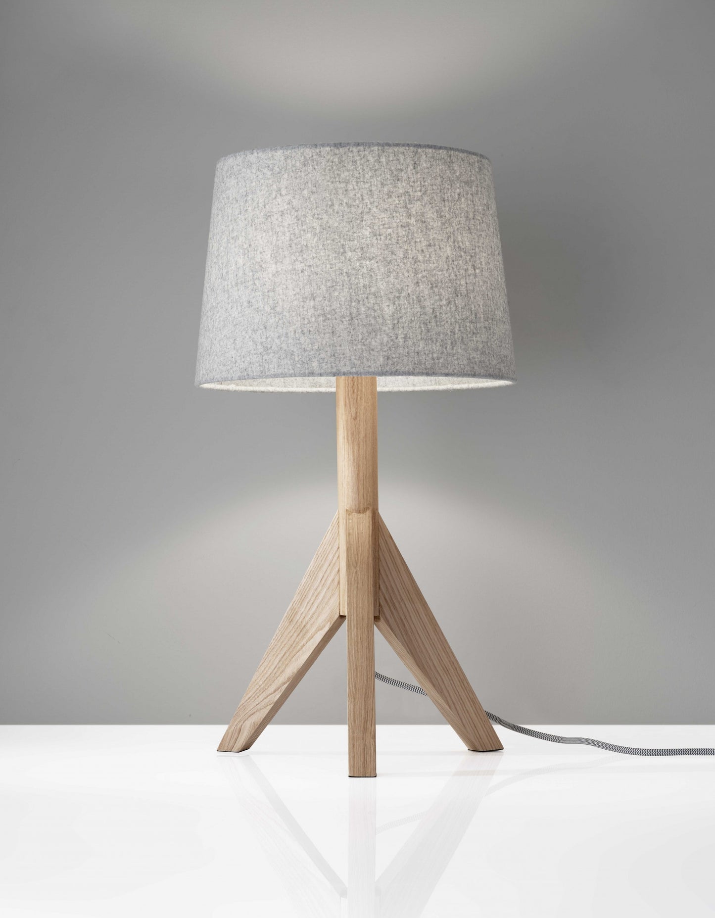 Natural Wood Tripod Base With Grey Felt Tapered Drum Shade Table Lamp