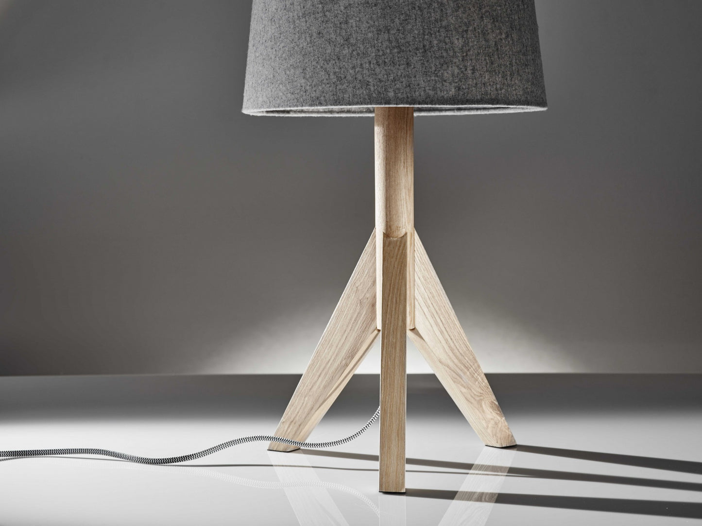 Natural Wood Tripod Base With Grey Felt Tapered Drum Shade Table Lamp