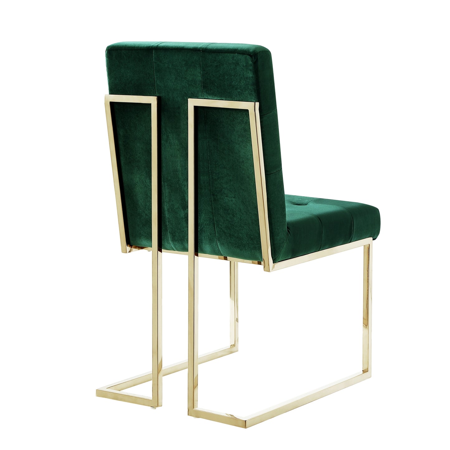 Set of Two Tufted Hunter Green and Gold Upholstered Velvet Dining Side Chairs