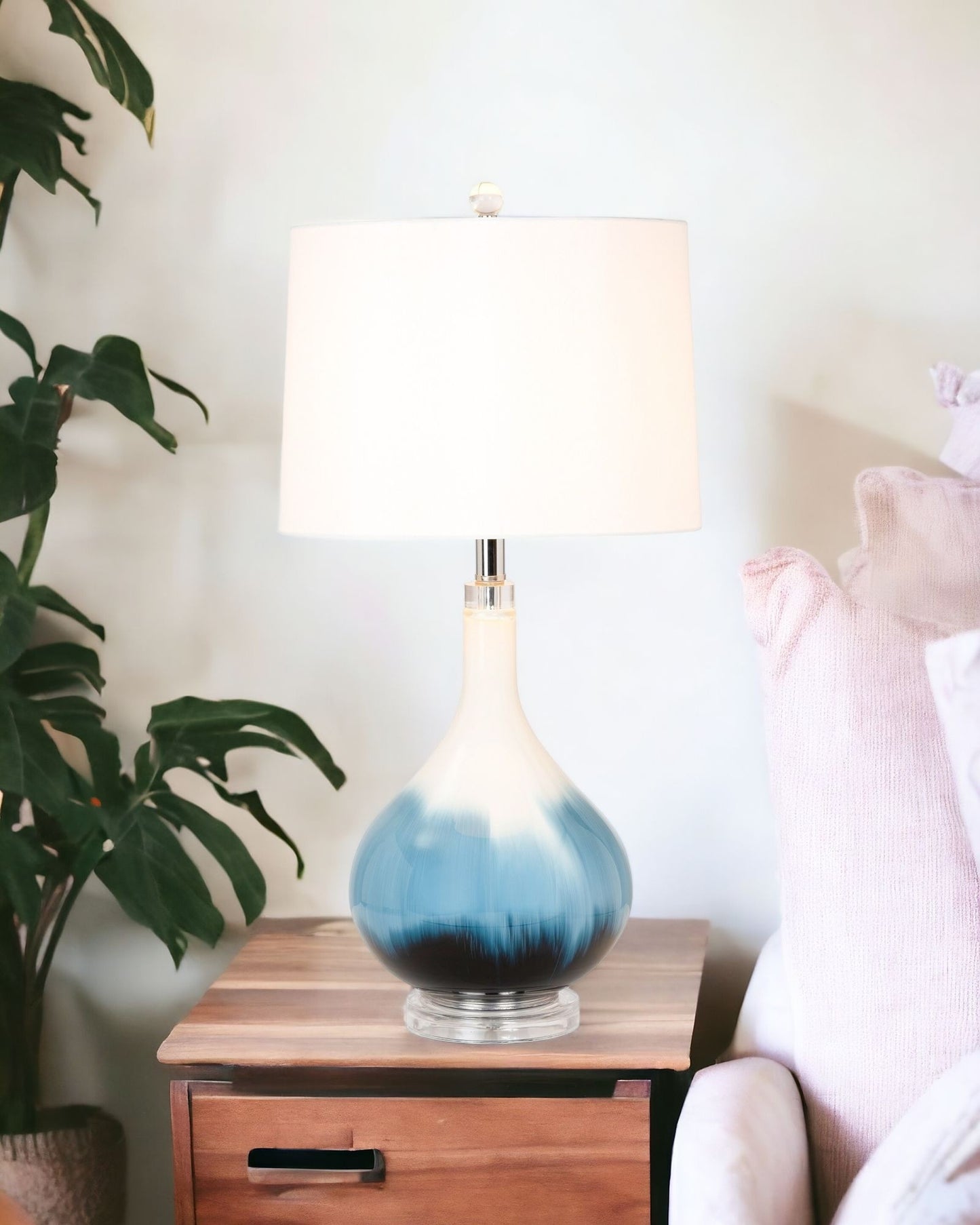 Set of Two 29" Blue and White Glass Table Lamps With White Shades