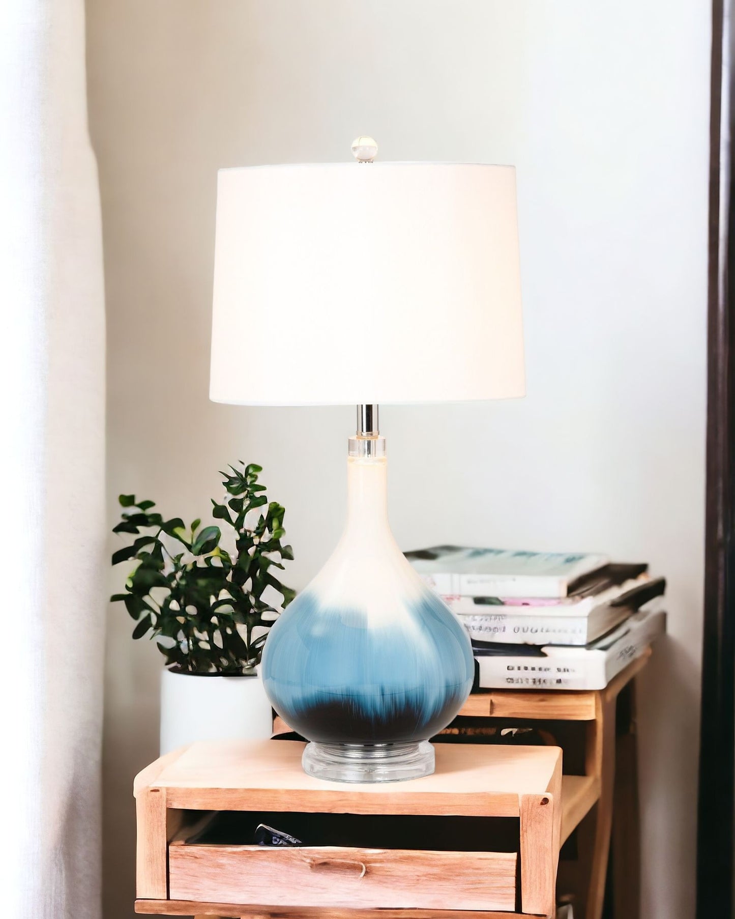 Set of Two 29" Blue and White Glass Table Lamps With White Shades