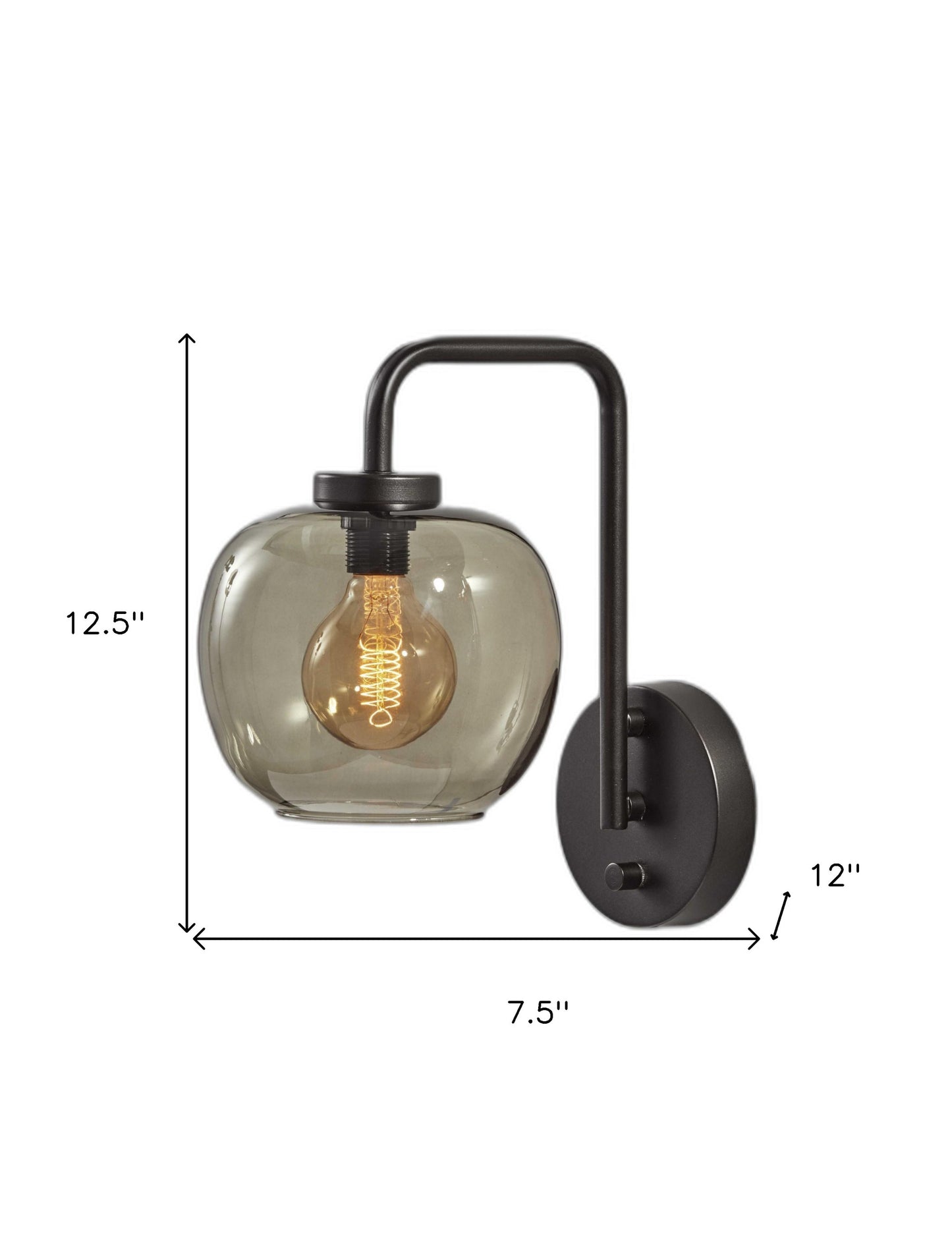 Smoked Glass Globe Shade With Vintage Edison Bulb And Matte Black Metal Wall Lamp