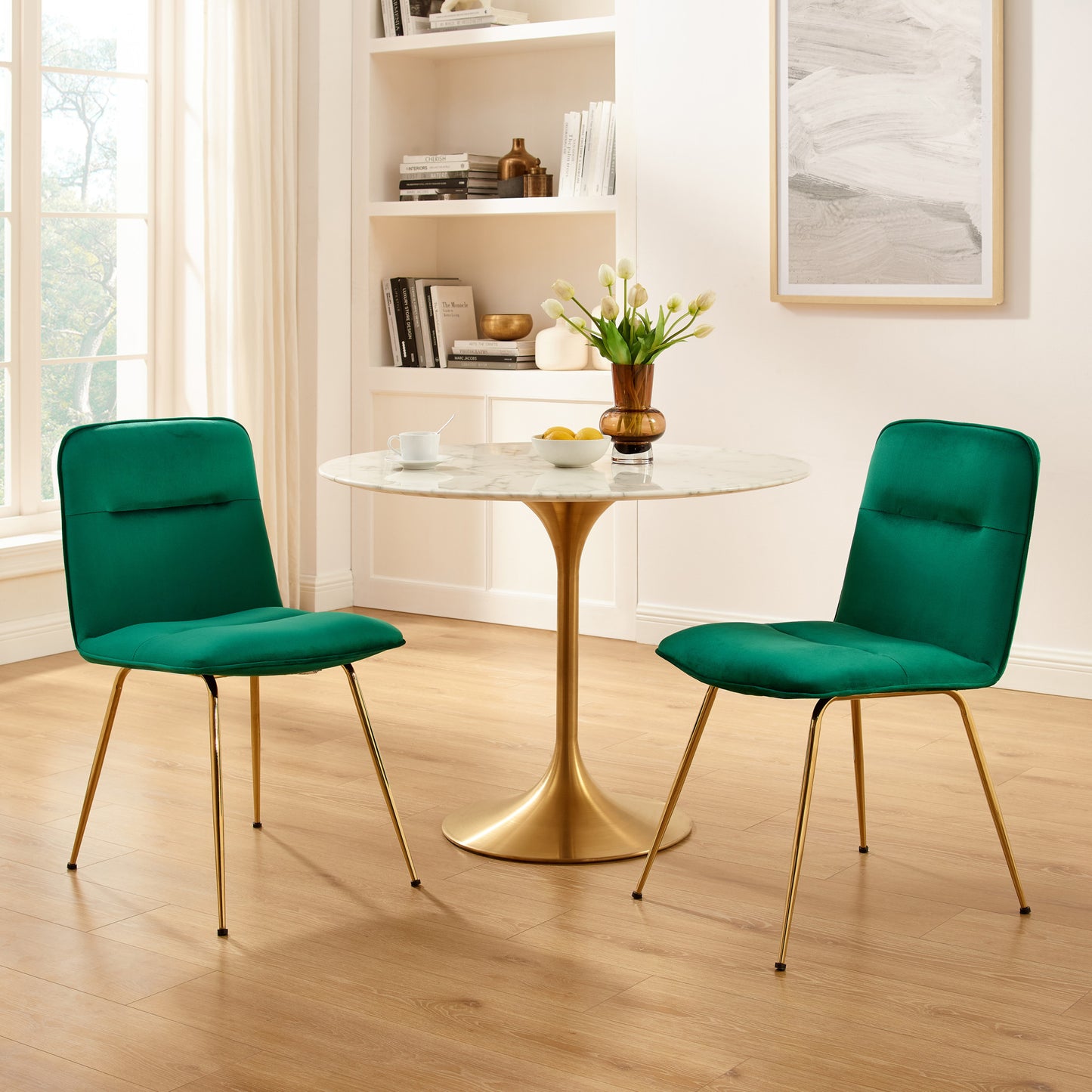 Set of Two Tufted Green And Gold Upholstered Velvet Dining Side Chairs