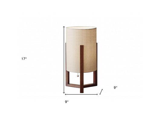 17" Brown Solid Wood Bedside Table Lamp With Natural Cylinder Shade