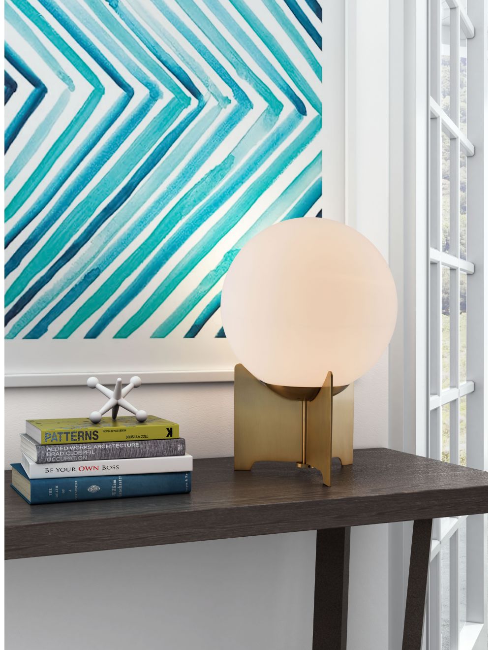 37" Brass Metal Bedside Table Lamp With Off White Globe Shade