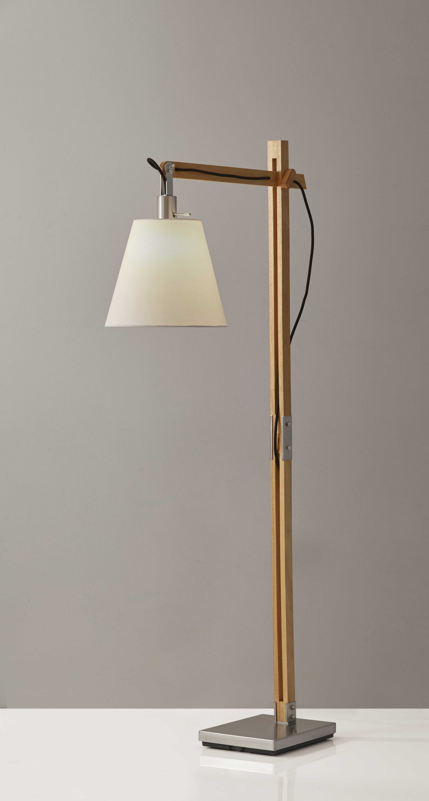 Natural Wood Floor Lamp With Adjustable Hinged Arm