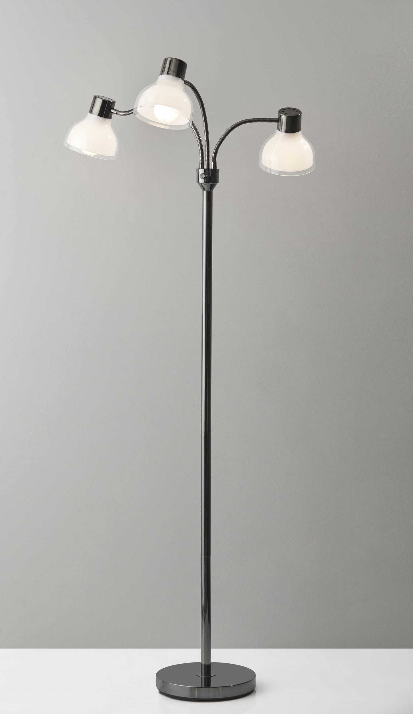 69" Black Three Light Tree Floor Lamp With White Bowl Shade