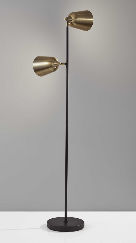 58" Black Two Light Novelty Floor Lamp With Brass Cone Shade