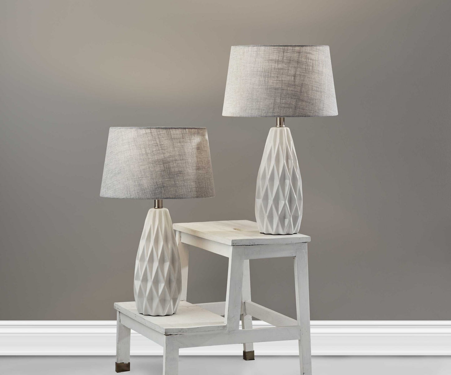 Set Of 2 White Ceramic Geometric Base Table Lamp