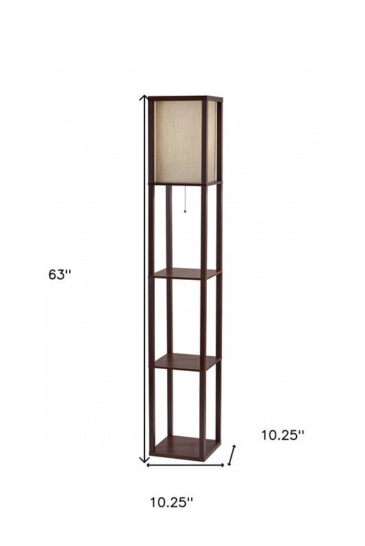 63" Brown Column Floor Lamp With Beige Square Shade