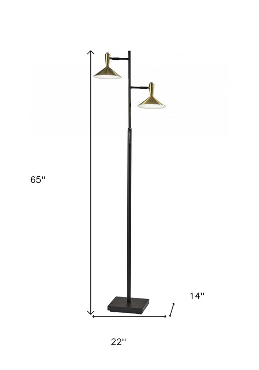 65" Black Two Light LED Light Changing Tree Floor Lamp With Gold Cone Shade
