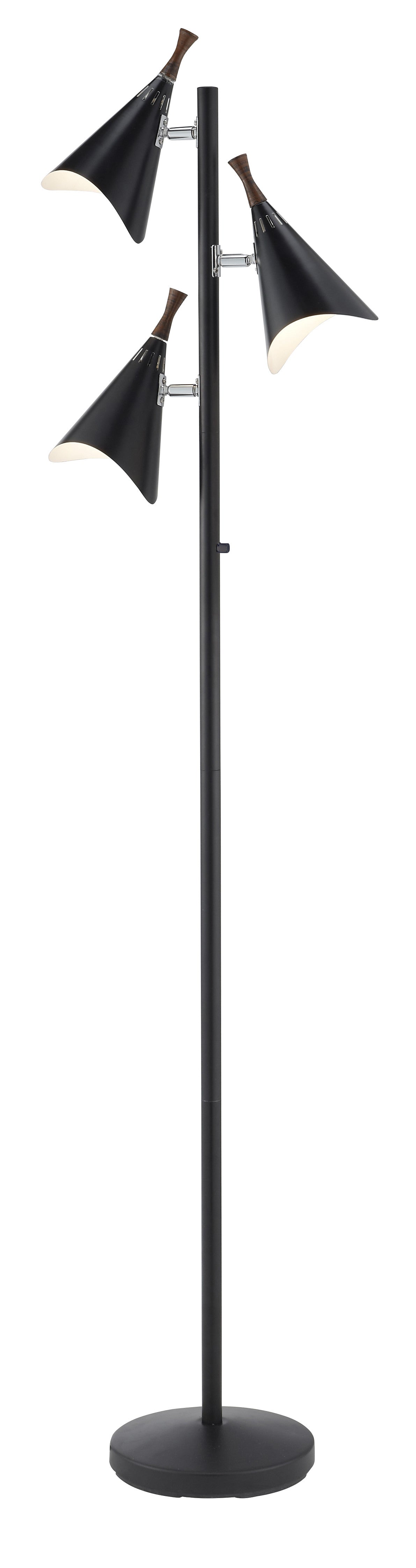 68" Black Three Light Tree Floor Lamp With Black Solid Color Cone Shade