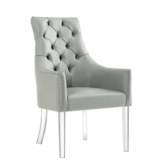 Set of Two Tufted Gray and Clear Upholstered Faux Leather Dining Arm Chairs