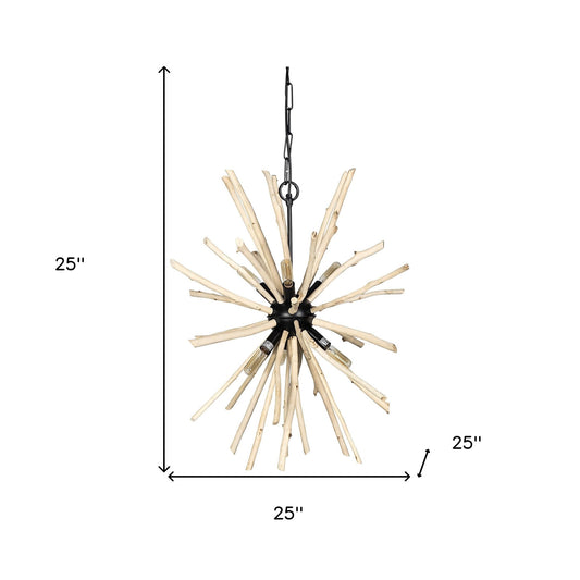 Wood And Metal Starburst Six Bulb Hanging Light