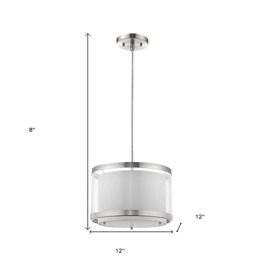 Lux 1-Light Brushed Nickel Pendant With Metal Trimmed Sheer Snow Shantung Two Tier Shade