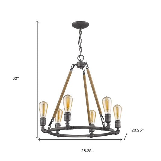 Grayson 6-Light Antique Gray Chandelier With Jute Wrapped Uprights