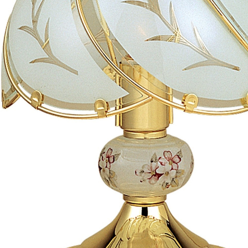 14" Gold Bedside Table Lamp With White Flowers Novelty Shade