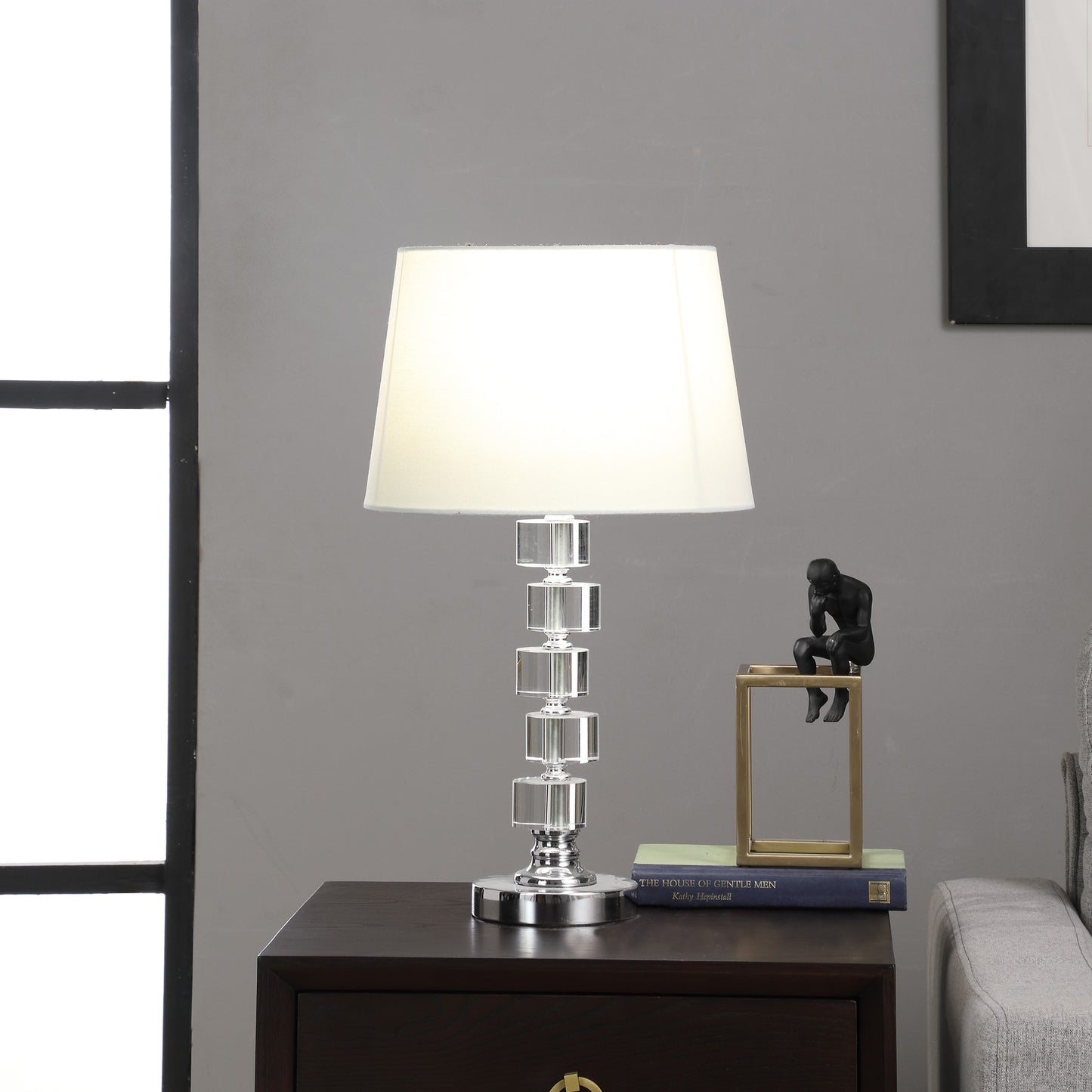 20" Silver Crystal Stacked Geo Cubes Table Lamp With White Classic Empire Shade