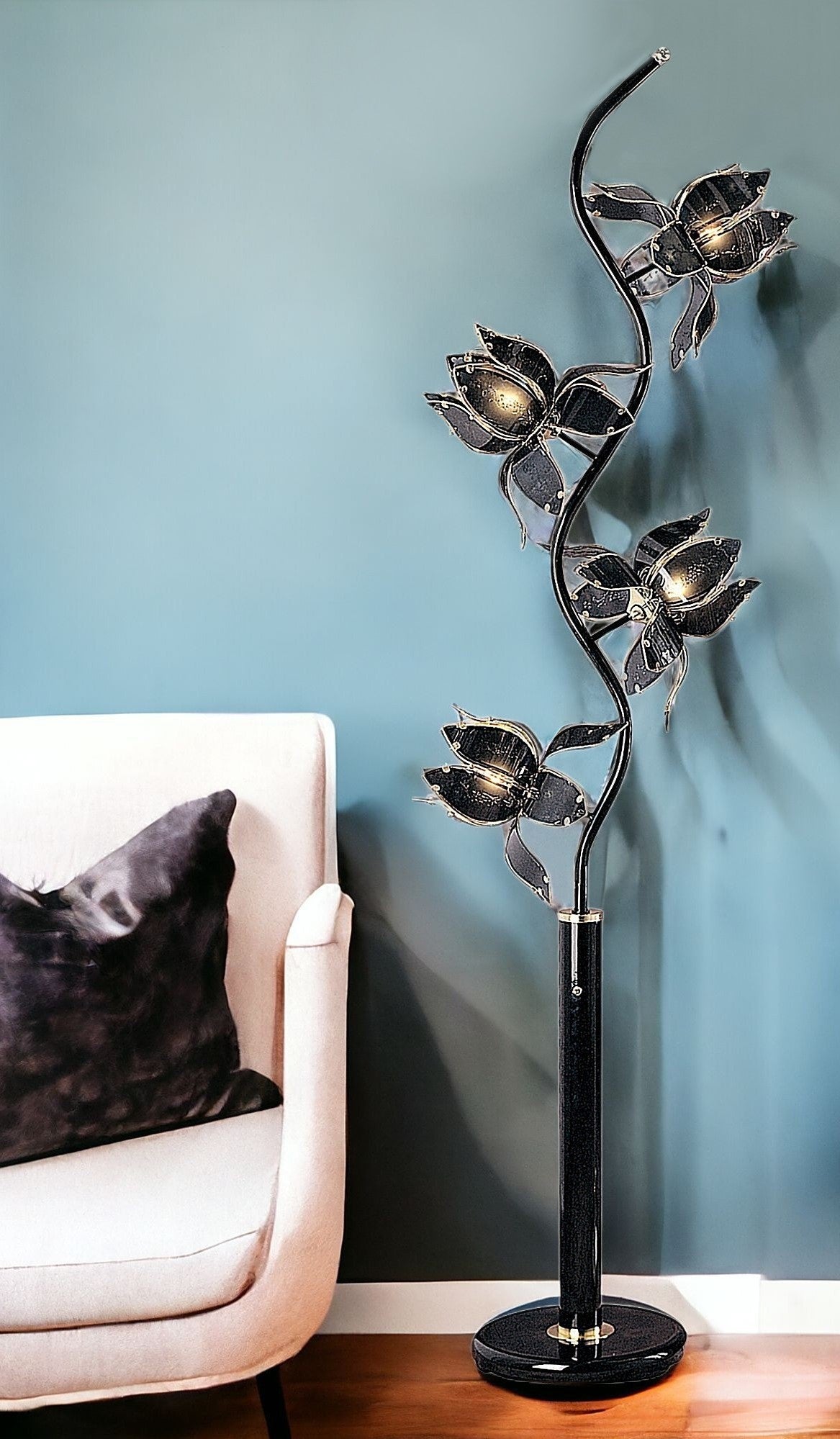 73" Black Four Light Floral Floor Lamp With Black and Gold Glass Shades