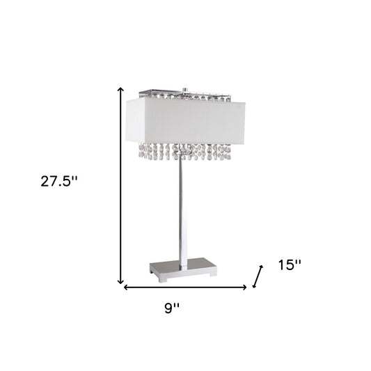 28" Silver Table Lamp With Faux Crystals and White Rectangle Shade