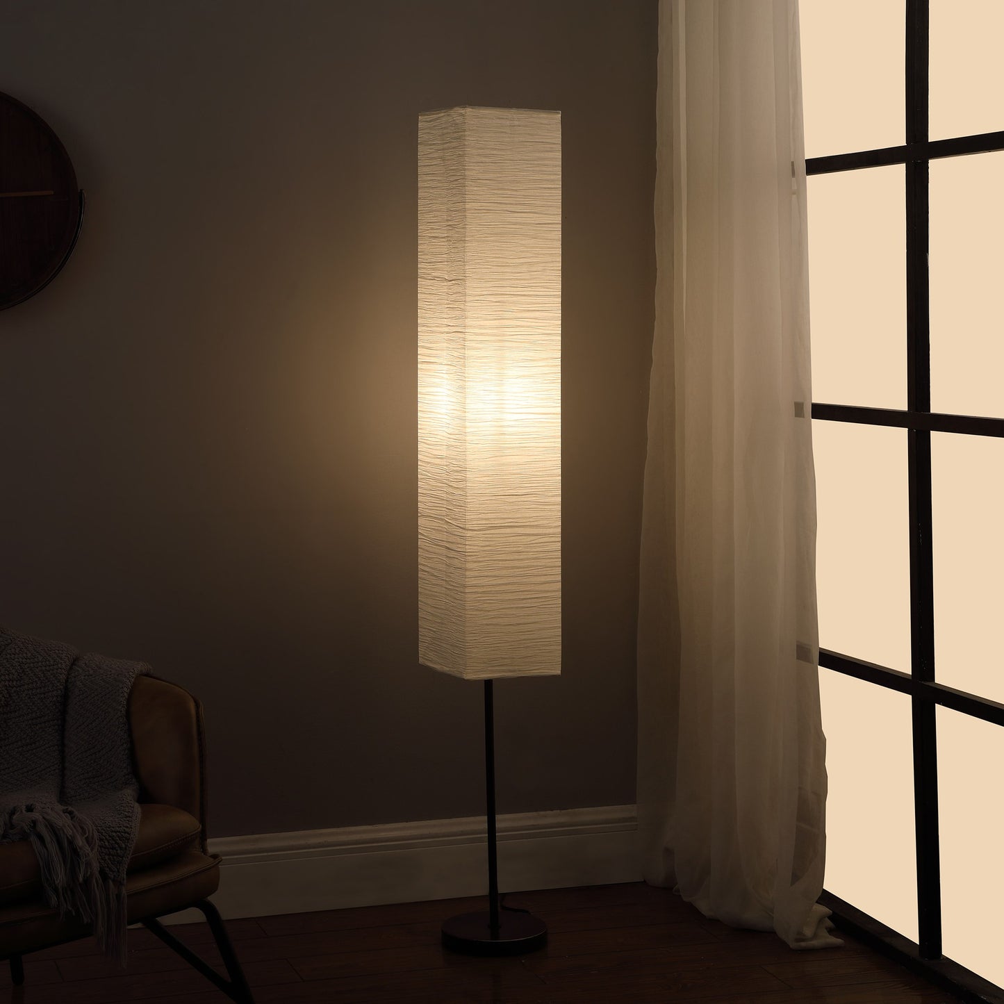 63" Black Column Floor Lamp With Off White Rectangular Paper Shade