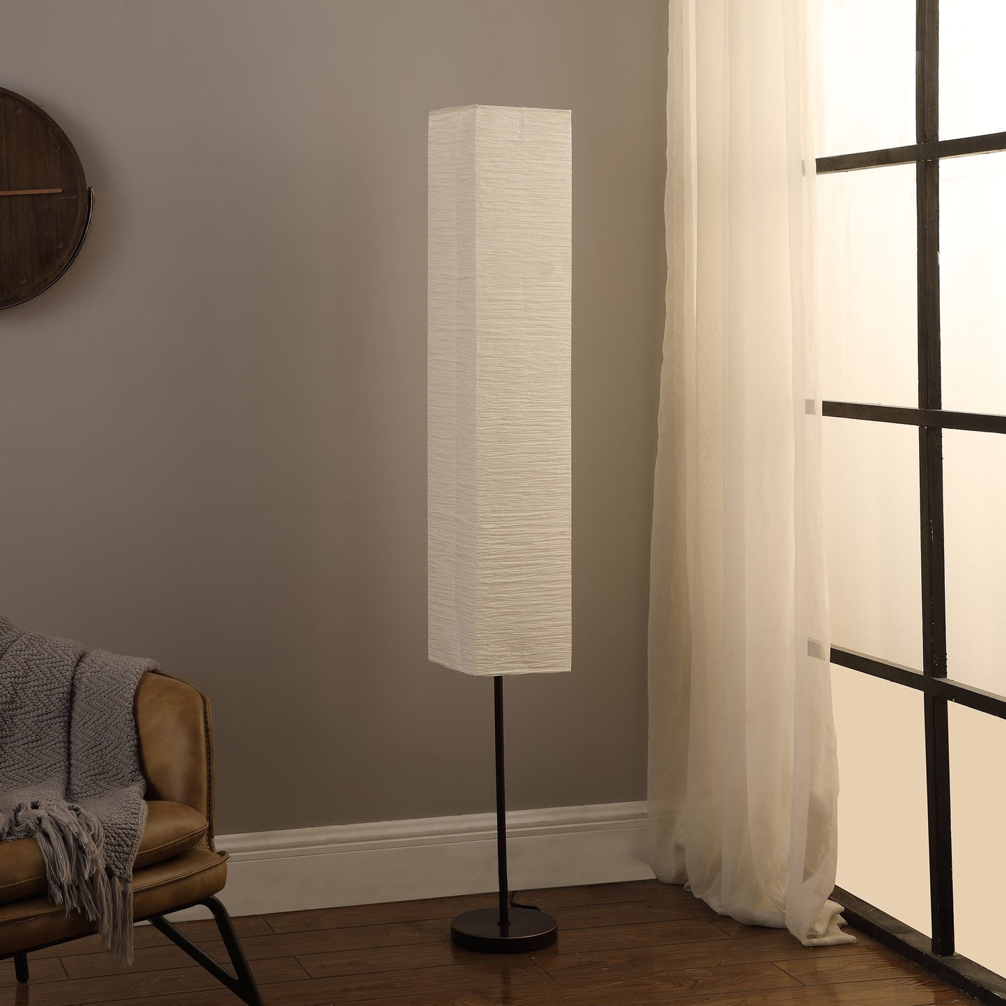 63" Black Column Floor Lamp With Off White Rectangular Paper Shade