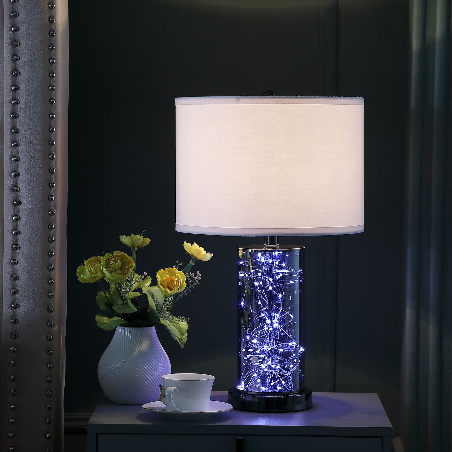 21" Glass LED Cylinder Table Lamp with Nightlight and White Drum Shade