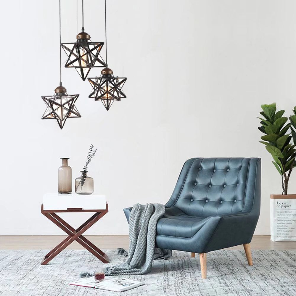 Brown Metal and Glass Star Geometric Hanging Lamp