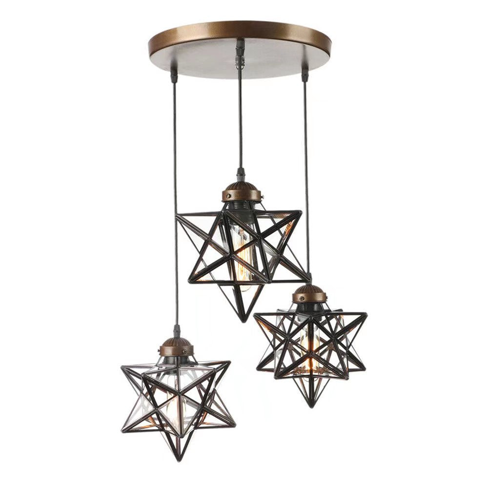 Brown Metal and Glass Star Geometric Hanging Lamp