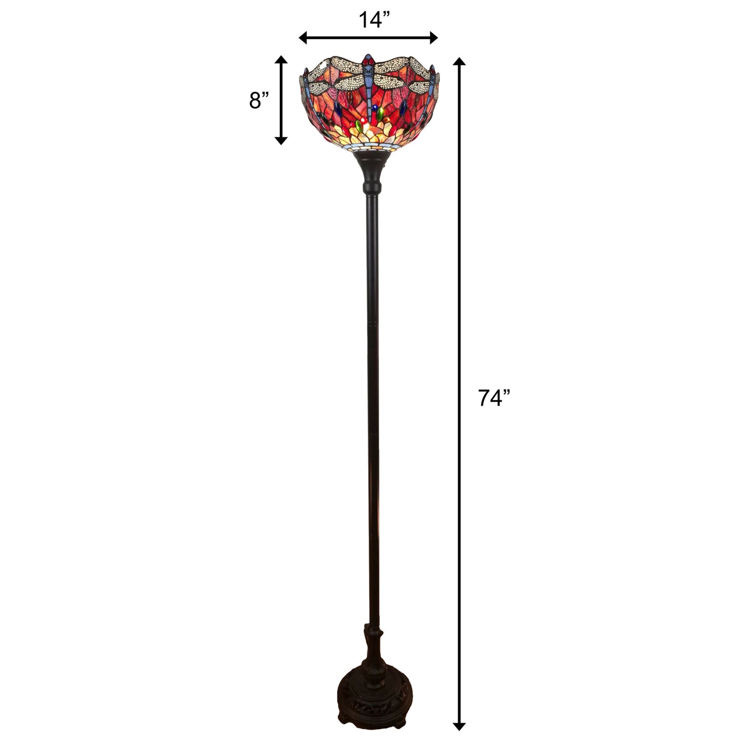 69" Brown Traditional Shaped Floor Lamp With Red Yellow And Brown Dragonfly Stained Glass Dome Shade