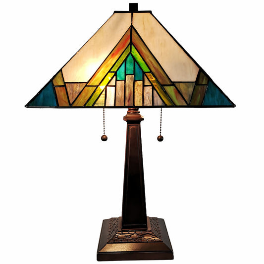 23" Stained Glass Handcrafted Pyramid Style Two Light Mission Style Table Lamp