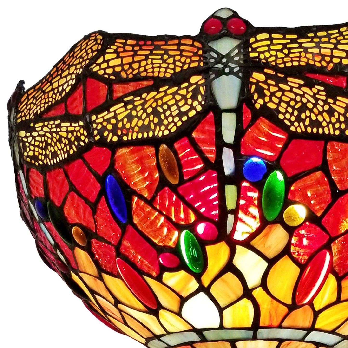 69" Brown Traditional Shaped Floor Lamp With Red Yellow And Brown Dragonfly Stained Glass Dome Shade