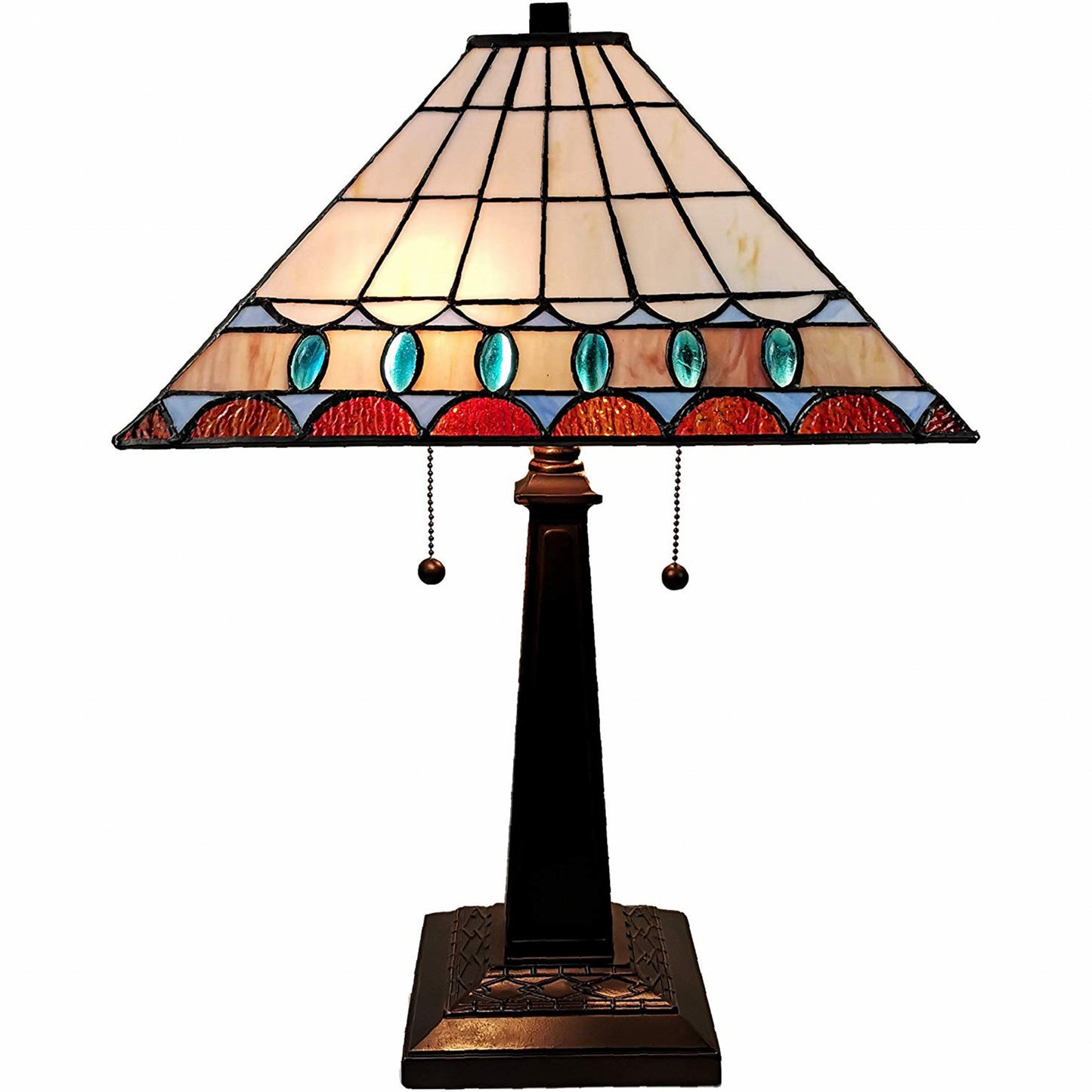 23" White Amber and Teal Stained Glass Two Light Mission Style Table Lamp