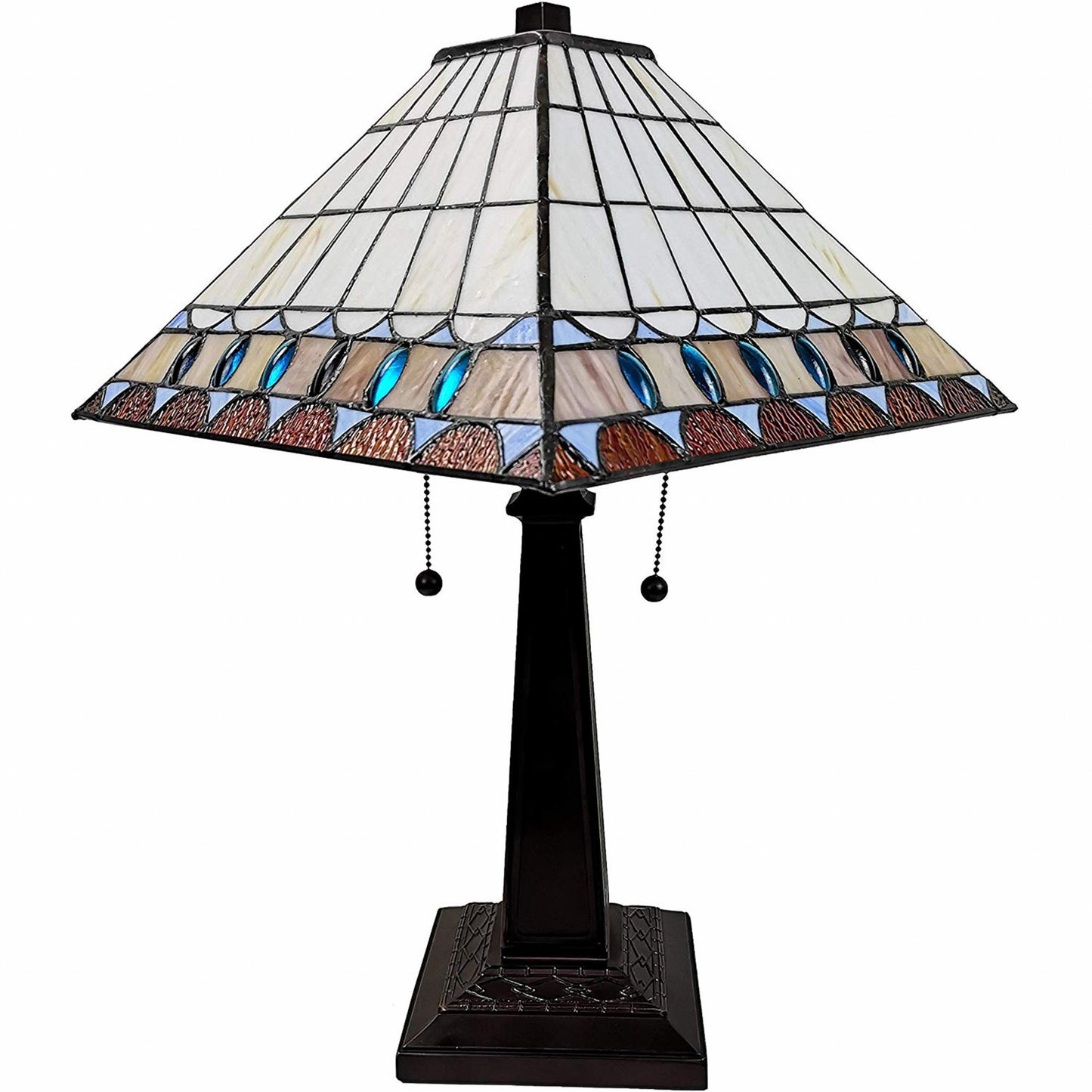 23" White Amber and Teal Stained Glass Two Light Mission Style Table Lamp