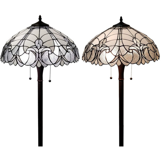 62" Brown Two Light Torchiere Floor Lamp With White Fleur De Lis Stained Glass Dome Shade