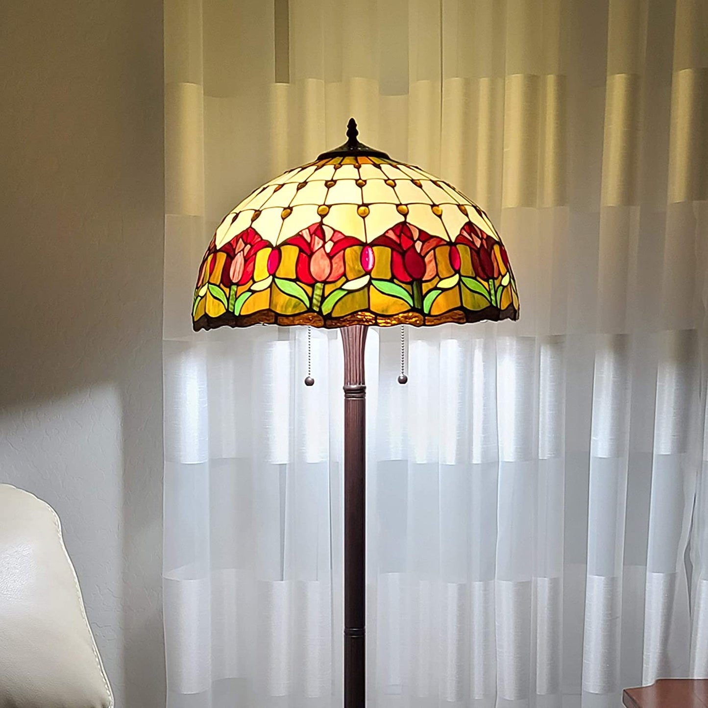 62" Brown Two Light Traditional Shaped Floor Lamp With Red Flowers Stained Glass Dome Shade